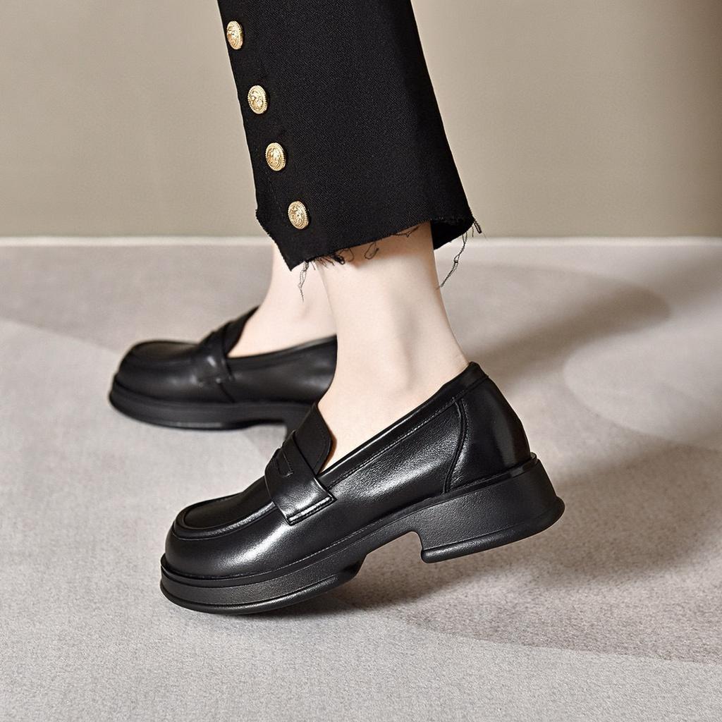 Platform Shoes Women's 2024 First-layer Cowhide British Style Round Head Basic Loafers Muffin and One-pedal Four-season Shoes