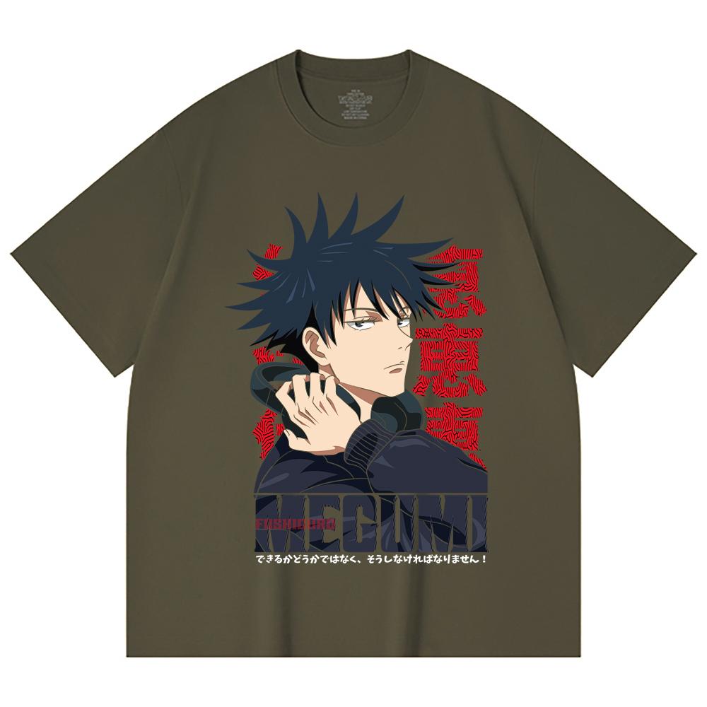 230 г/м² 100% хлопок Jujutsu Kaisen V38 Мегуми Принт Унисекс Тяжелая Хлопковая Футболка