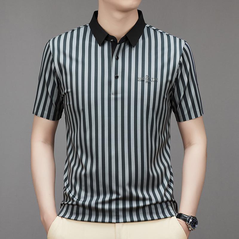 Summer New Men's Cool Striped Polo Shirt Young and Middle-Aged Fashion Casual Short-Sleeved T-shirt Bottoming Shirt Men