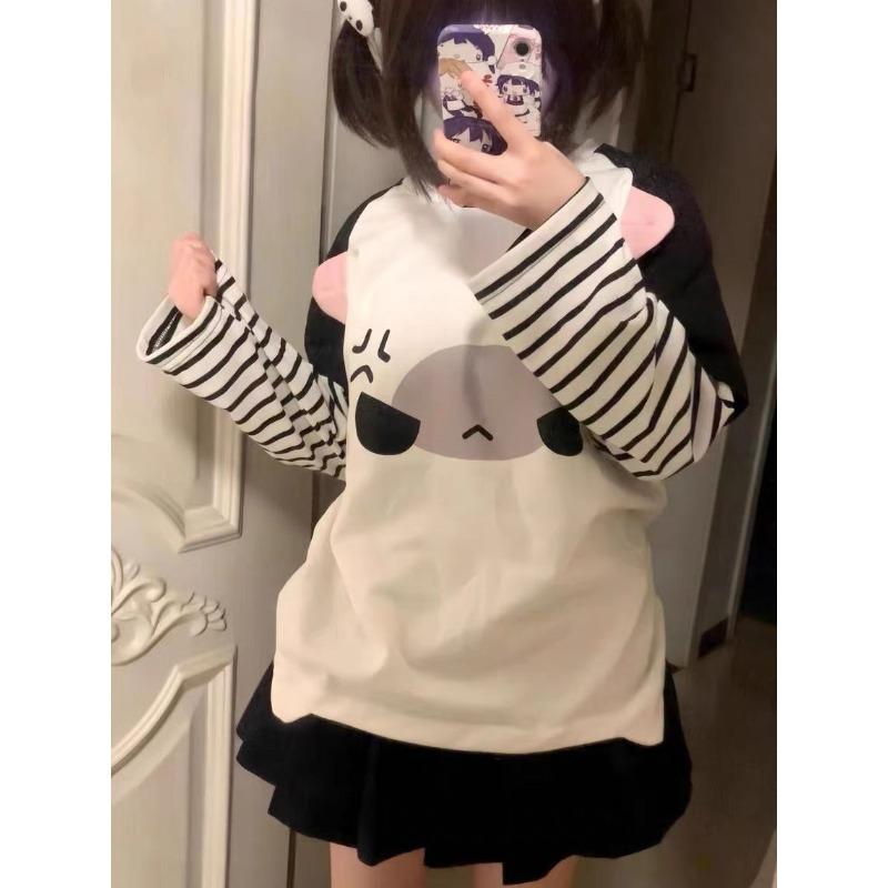 Y2k Harajuku Kawaii Полосатые футболки женские японские модные лоскутные футболки с мультяшным принтом топы женские весенние новинки