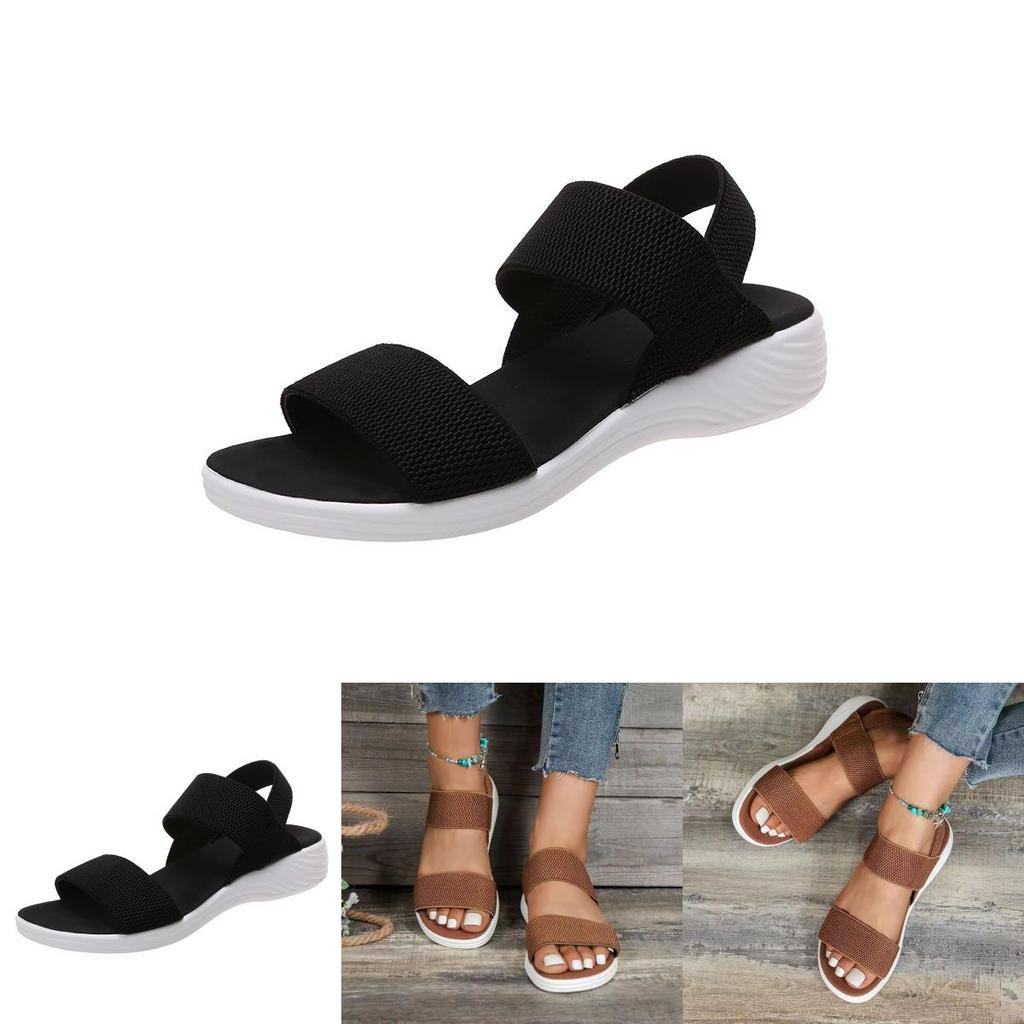 Summer Large Size Women's Shoes Casual Elastic Flat Sandals With Back Strap Fly Knitted Polyurethane Characters)