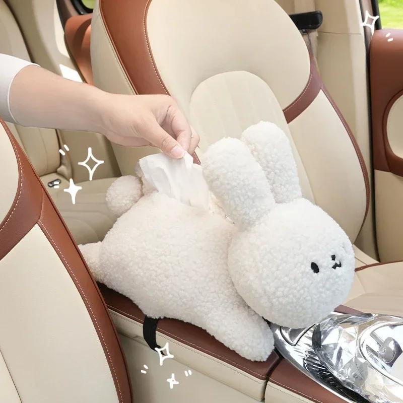 Car Hanging Tissue Box Set - Cute Rabbit & Cat Plush Design, Black/White Options, Soft Stuffed Car Back Seat Tissue Holder