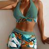 Sexy Bikinis Women Summer Two Piece Print Swimsuit Female Push Up Halter Ruched Wrap Front High Waist Bathing Suit