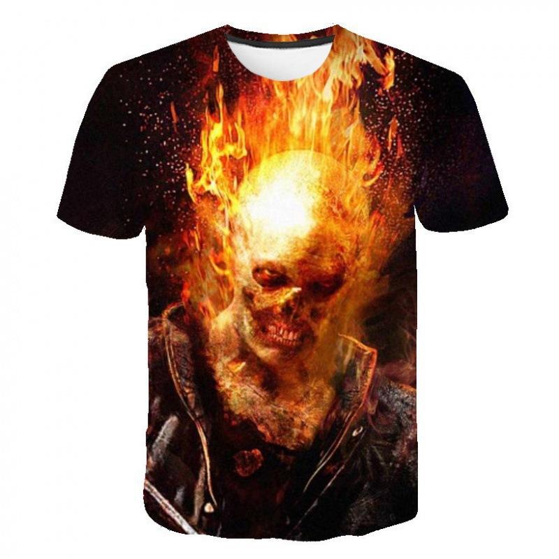 Evil Knight Skull Printed Short Sleeved T-shirt with Flame Pattern Skull Personalized Clothes for Men