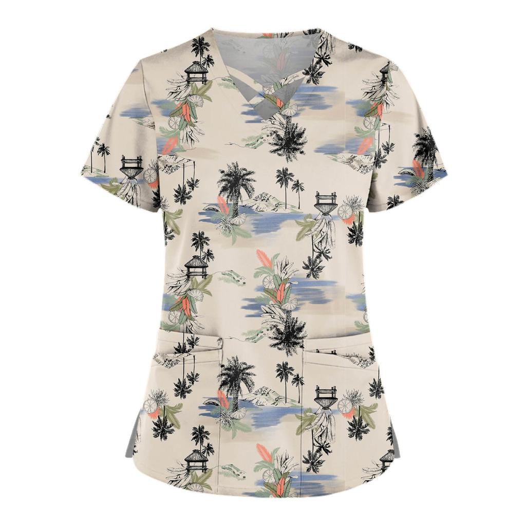 Плюс размер, милая рабочая форма с принтом, топы для женщин, забавные футболки с перекрестным v-образным вырезом и короткими рукавами, рабочая одежда, футболка с карманами