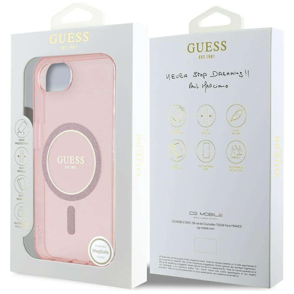 Guess IML Glitter Circle MagSafe Case for iPhone 16e / 17e Pink