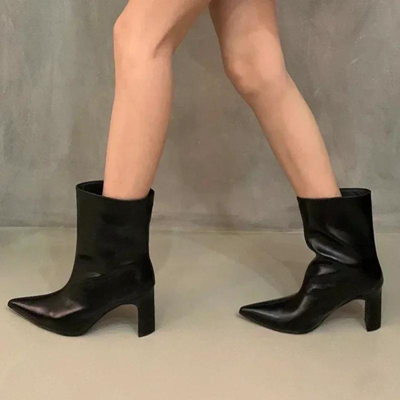 Pointed Toe Silvery High Heels Luxury Women Ankle Boots Sexy Leather Shoes 2025 Fashion Party Pumps New Slip-on Snow Botas Mujer