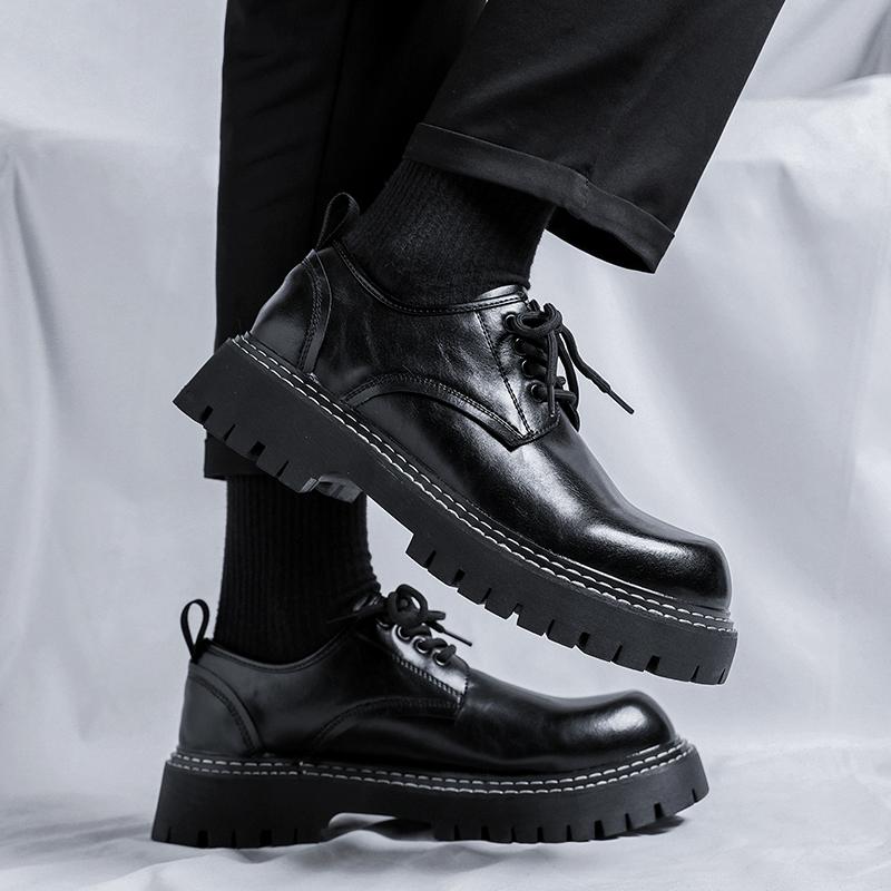 Fashion Derby Shoes Men PU Thick Soled Round Toe Workwear Large Toe Leather Shoes Sturdy Sewn Comfortable Non Slip Men Shoes