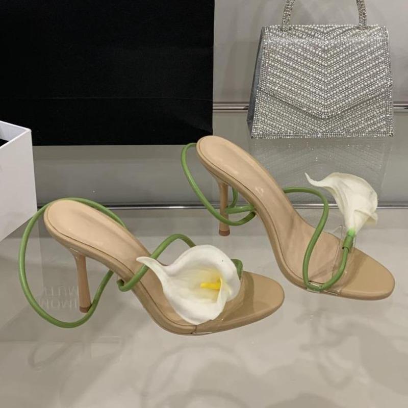 Модные Сексуальные ПВХ Прозрачные Цветочные Узкие Ремешки Женские Сандалии Уличный Стиль Открытый Носок Тонкий Высокий Каблук Вечеринка Выпускной Обувь Zapatos De Mujer
