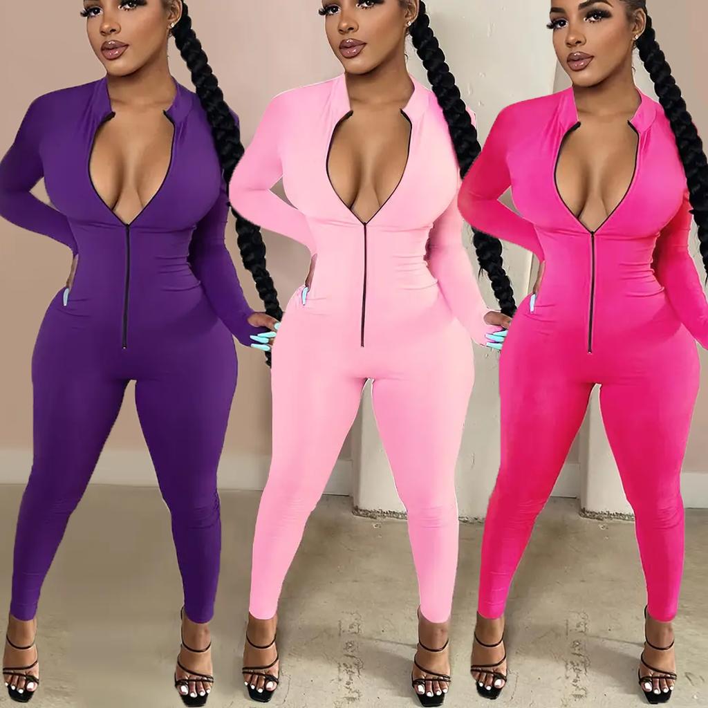 Women Sexy Bodysuit Long Sleeve Fall Wear Sexy Slim Skinny Clubwear Solid Zipper Bodycon Bandage Jumpsuit Overalls High Street