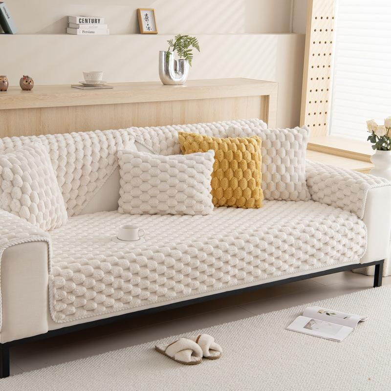 Warm Tuffed Fleece Curving Lines Jacquard Sofa Cover with Anti-Slip Backing for Living Room Couch Slipcovers Fall/Winter Decor