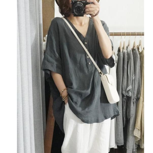 Buttons V Neck Summer T Shirt Retro Short Sleeve Women's Large Size Loose Cotton Linen Blouse Top