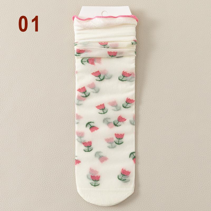 Женские милые сетчатые носки с оборками, шелковые носки с милым фруктовым узором, прозрачные, тонкие, модные, забавные