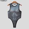 Men Sleeveless Print Mesh Sheer Briefs Bodysuits Jumpsuits
