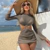 3Pcs/Set Women Bikini Set Halter Bra Lace-up Swimming Trunks Set with See-through Mesh Yarn Cover Up Dress