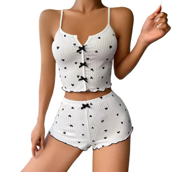 2 Pcs/Set Women Vest Shorts Suit Bow Heart Print Sleeveless Shirring Top High Waist Short Trousers Homewear Loungewear Outfit Summer Sleepwear