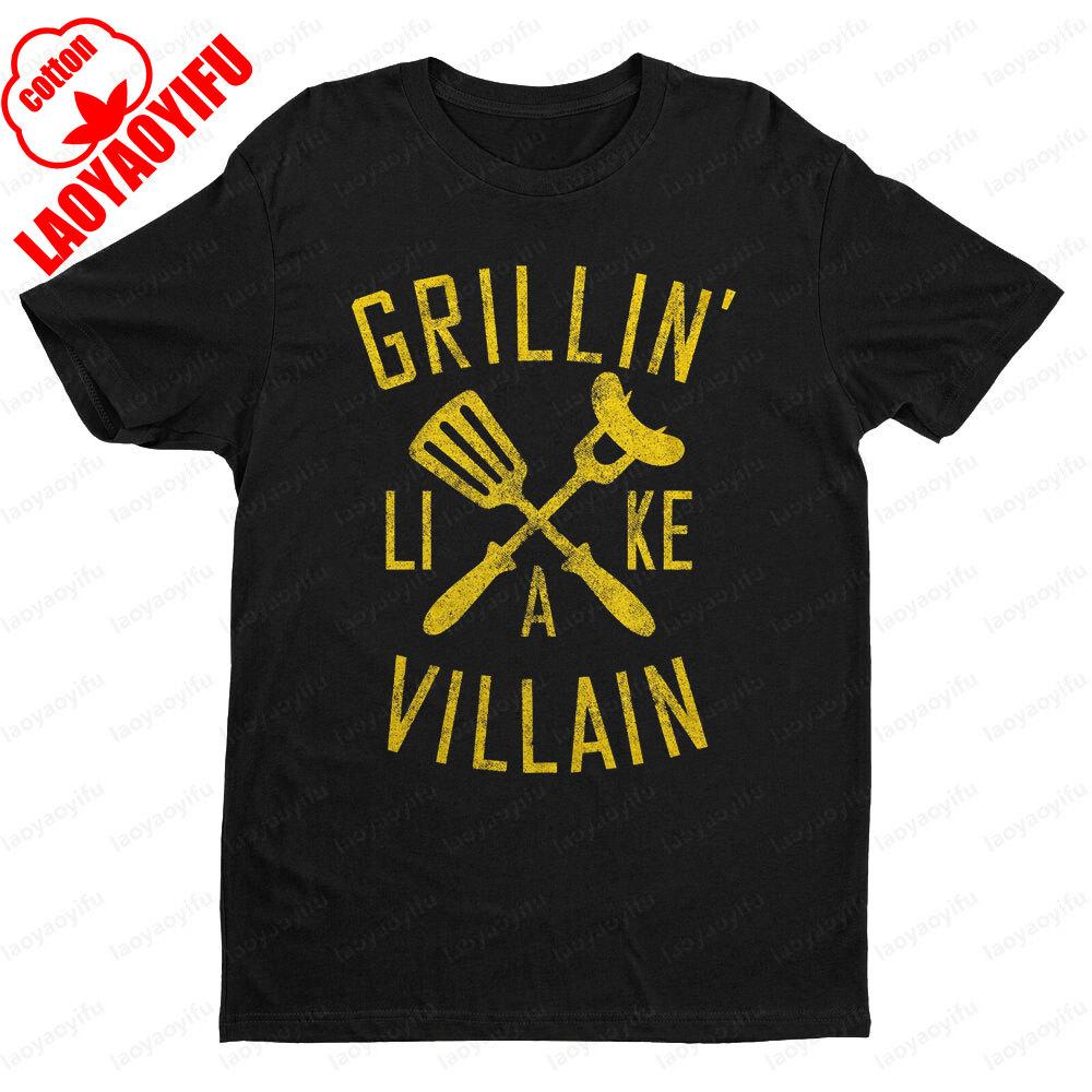 Grillin Like A Villain Mens T Shirt Funny Cookout Enthusiast Tee Tops Creative Pattern Tshirt BBQ Lover Gift Short Sleeve