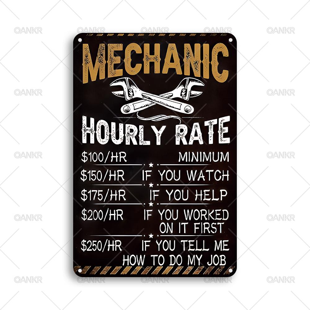 Vintage Mechanic Hourly Rate Metal Tin Sign Retro Art Poster Metal Signs for Man Cave Garage Home Wall Decor Plaque