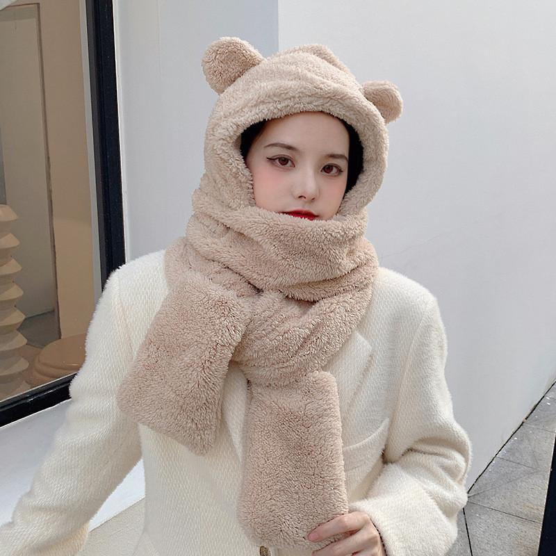 Cute Bear Ear Hat Scarf Gloves Set Winter Women Novelty Caps Warm Casual Plush Hats Casual Solid Fleece Girl Kawaii Accessories