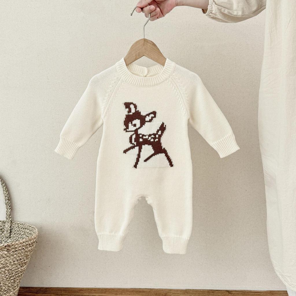 Best-Selling Knitted Plum Blossom & Deer Romper for Babies - Pure Cotton Spring & Autumn Suit for Boys and Girls (Full Moon, One Year Old)