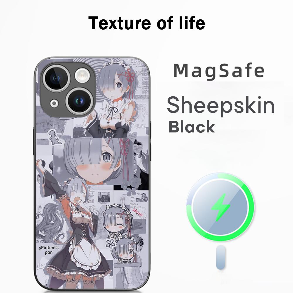 Re zero милая девушка классический аниме-узор Чехол для телефона Для iPhone 17 16 15 14 13 12 Plus Pro Max Высококачественный Роскошный Magsafe Овчина