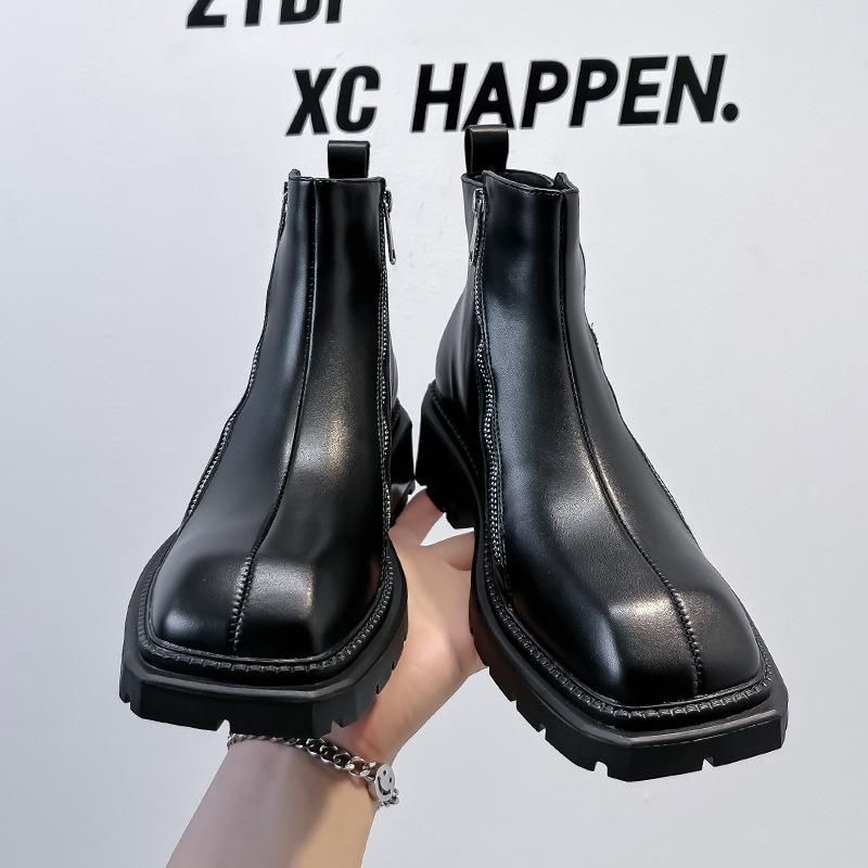 Korean version of square-headed Chelsea boots men's British style retro zipper platform-soled Martin boots high-top leather shoes 4512-A