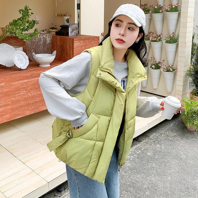 Women Autumn Winter Stand Collar Solid Color Thicken Outwear Cotton Padded Sleeveless Loose Pocket Warm Jacket Coat Vest