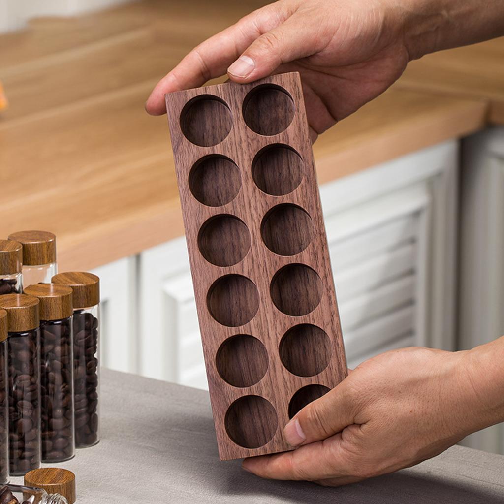 Leeseph Single Dose Coffee Bean Storage Tubes with Walnut Wood Display Stand and Funnel, Dosing Glass Vials with Lids, Best Gift