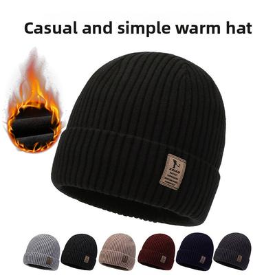 1 шт. Зимняя теплая шапка-бини, вязаная шапка с широкими полями, однотонная, универсальный стиль унисекс, плюшевая подкладка для зимы, подходит для взрослых