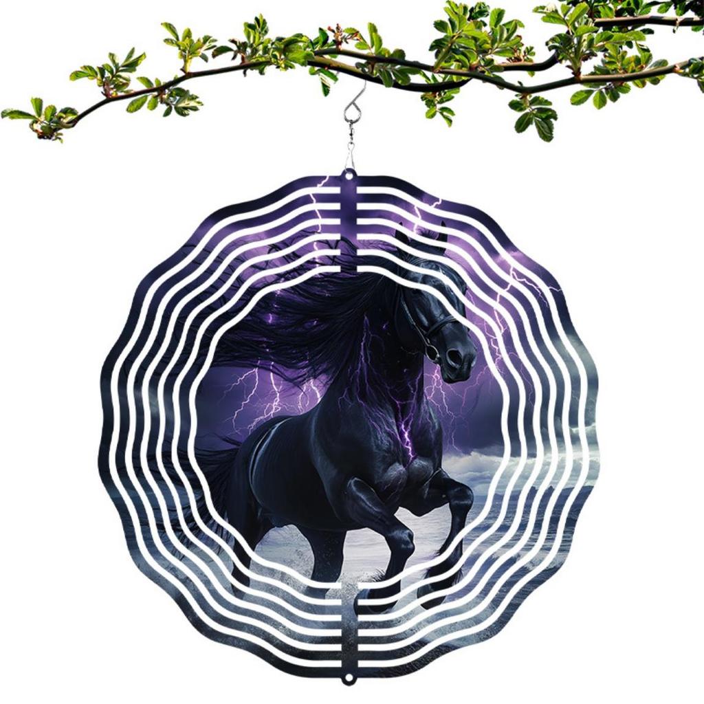 10-Inch Black Horse Wind Spinner - 360° Rotating Metal Garden Art, Outdoor Wind Chime Decor with Rust-Proof Hook for Yard, Patio, or Door Hanging