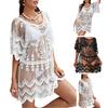 Sexy Beach Bikini Cover-up V-neck Half Sleeve Embroidery Flower Pattern See-Through Mesh Cover-up Loose Fit Ultra-thin
