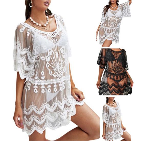 Sexy Beach Bikini Cover-up V-neck Half Sleeve Embroidery Flower Pattern See-Through Mesh Cover-up Loose Fit Ultra-thin