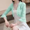 Women Sunscreen Coat Lace See-through Hollow Out Flower Embroidery Shirring Anti-UV Short Three Quarter Sleeve Lady