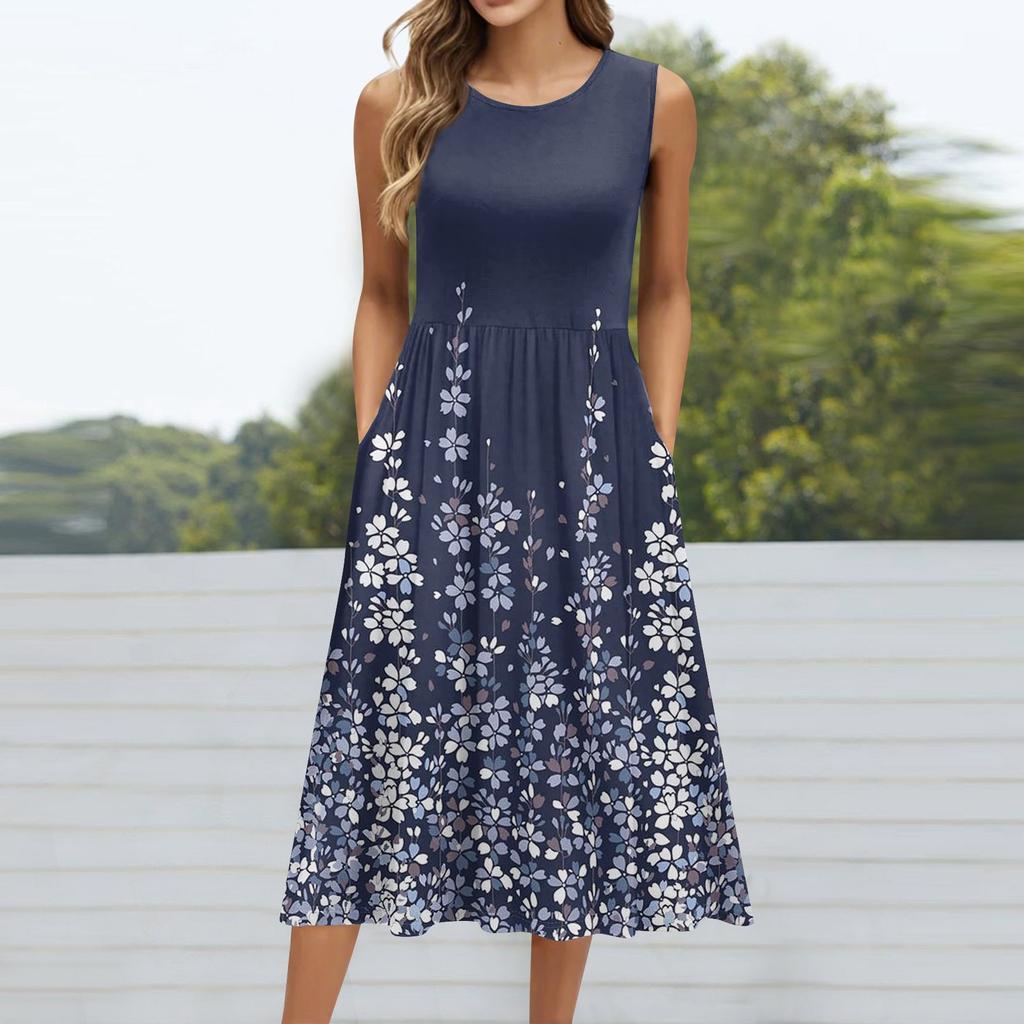 Женское модное платье средней длины с круглым вырезом и принтом без рукавов