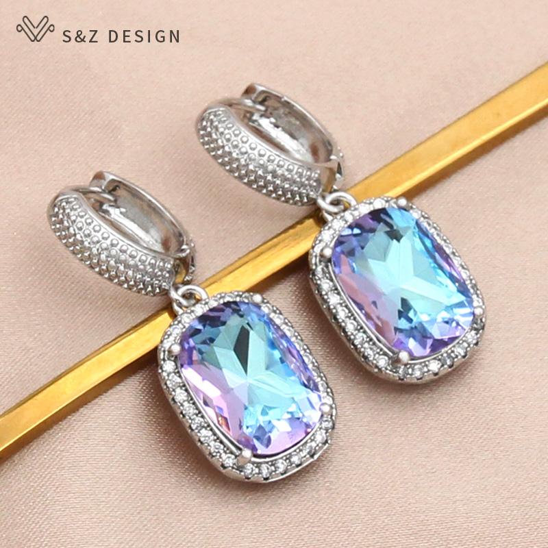 Fashion Luxury Rectangle Crystal Drop Earrings For Women Wedding Jewelry Rose Gold Color Zirconia Eardrop