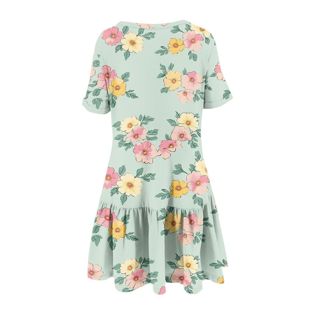 Women's Fashion Casual Round Neck Short Sleeve Ruffle Gradient Printed Dresses