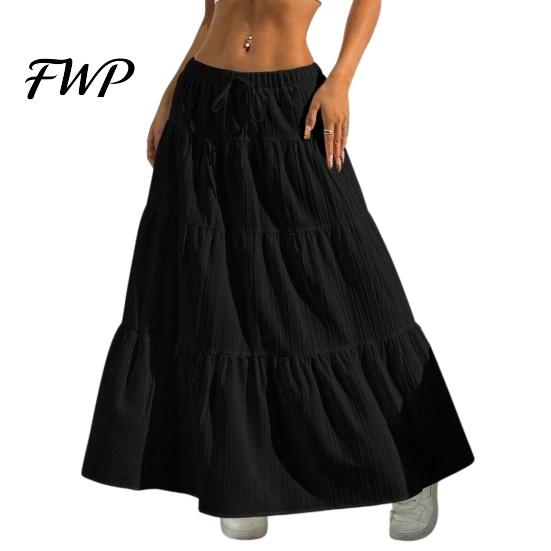 Elegant Casual Skirt Women Long Spring Summer Middle Waist A Line Flowy Swing Breathable Solid Color Elastic Drawstring Pleated