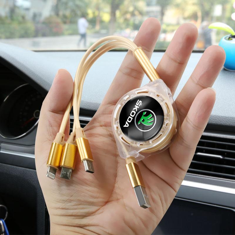 wsmrp6 Car pendant 3 In 1 Fast Charger USB Data Cable Car Accessories For Skoda Octavia Kodiaq Fabia Superb Karoq Yeti Rapid Mk3 A4 1