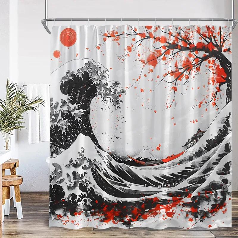 Japanese Landscape Shower Curtains Pink Cherry Blossom Mountain Lake Night Scenery Polyester Fabric Home Bathroom Curtain Decor