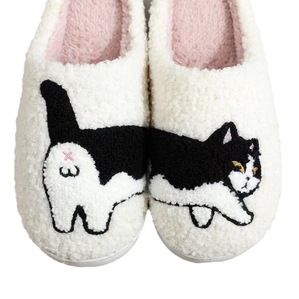 2025 Lovely Cat Embroidery Stuffed Slippers Home Men Women Furry Shoes 2024 Autumn Winter Fur Slides Fuzzy Fun Animal Pet Slippers