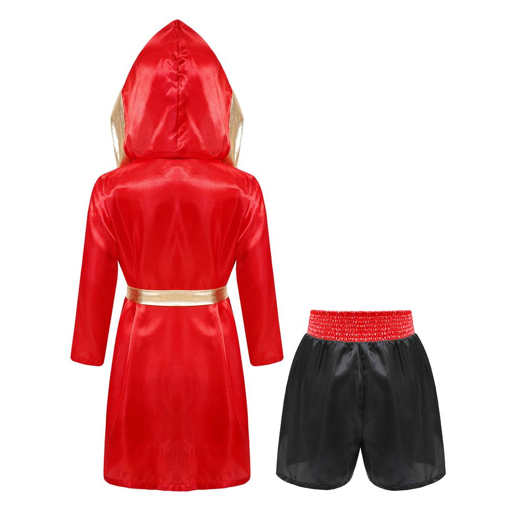 Детский костюм для бокса, атласный халат с капюшоном и поясом и шорты с пайетками, металлическая отделка, принт с буквами