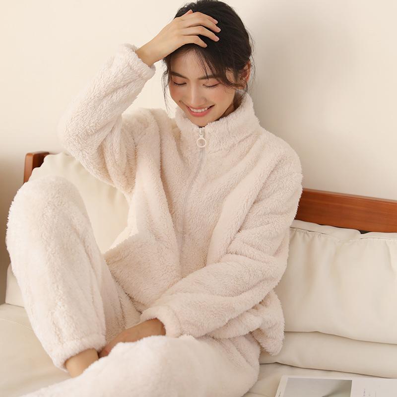 Winter Coral Velvet Women's Pajamas Set Thickened Flannel Long-sleeved Turtleneck Trousers Pajama Set Loose Flannel Home Clothes