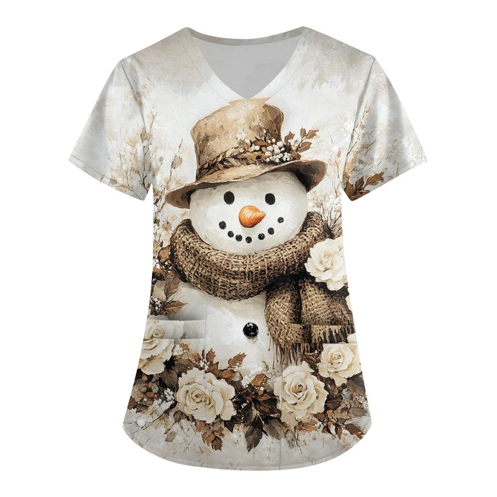 Женская симпатичная рабочая одежда с принтом, V-образным вырезом, двухслойными карманами, базовым коротким рукавом, пуловером на Рождество