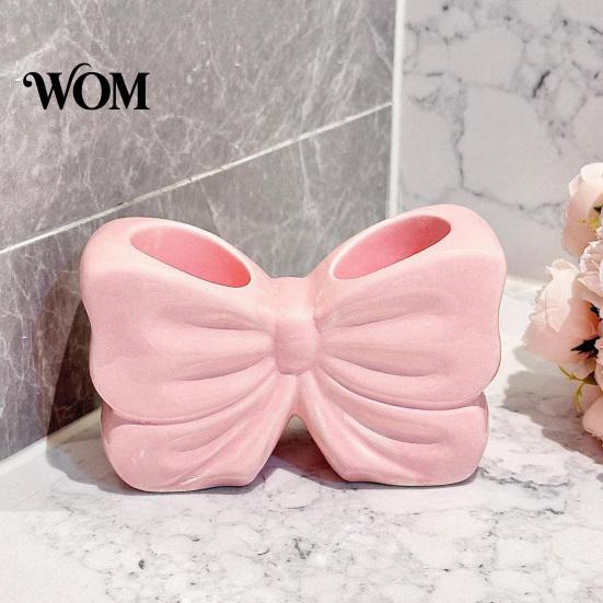 No Drill Bathroom Accessory 3D Printed Bow Toothbrush Holder, Adhesive Cup with Dual Holes for Pink White Organizer & Toothpaste, Cute Decor,