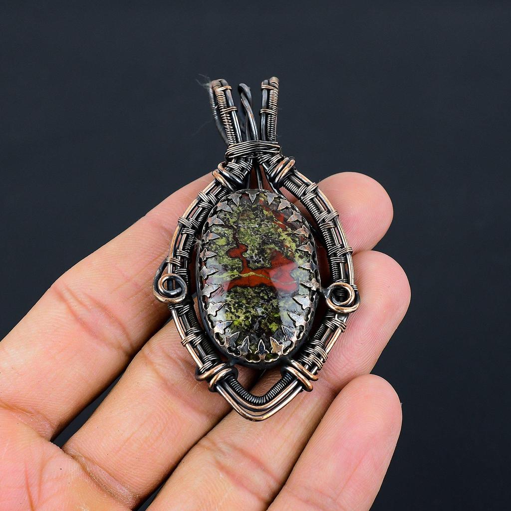 Dragon Blood Jasper Gemstone Pure Copper Wire Wrapped Handmade Pendant Jewelry