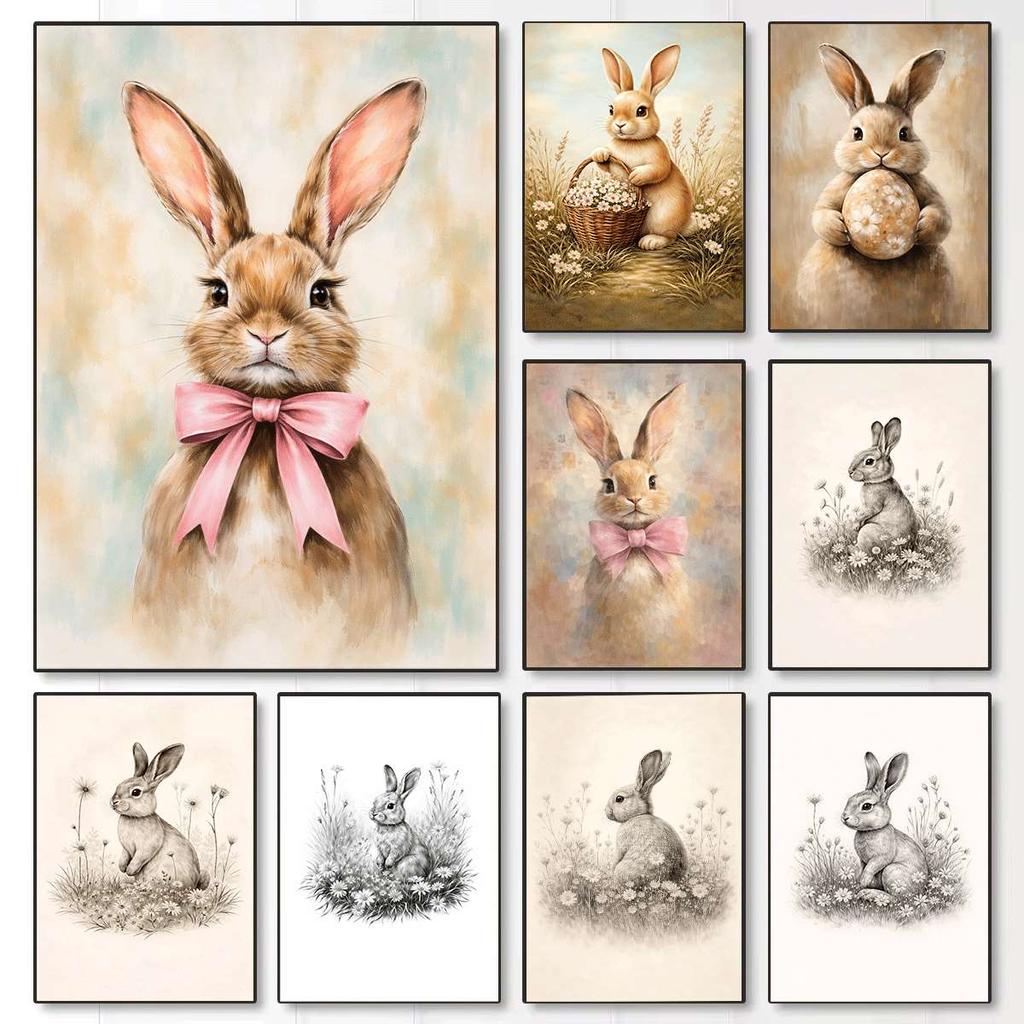 Vintage Cute Easter Bunny Spring Flower Animal Rabbit Carrot Art Poster Canvas Painting Wall Prints Picture for Room Home Decor