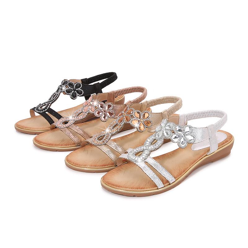 Весна 2024 Новые бохо сандалии с круглым носком на плоской подошве женские сандалии большого размера со стразами