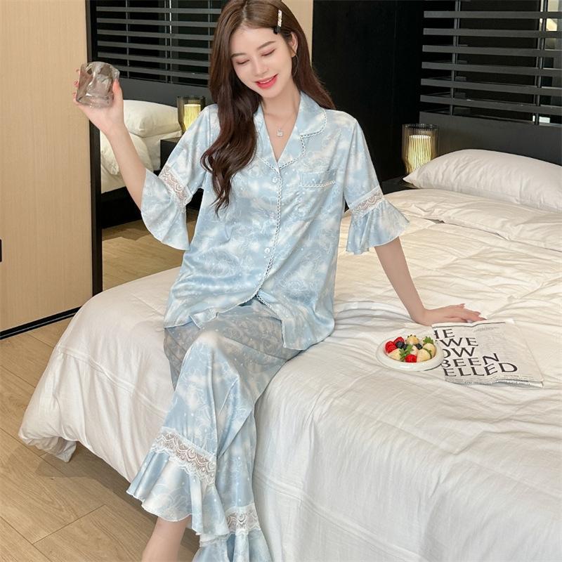 Новая кружевная пижама для женщин весна и осень Тонкие брюки с короткими рукавами Кардиган Комплект пижамы Hollow Ice Silk