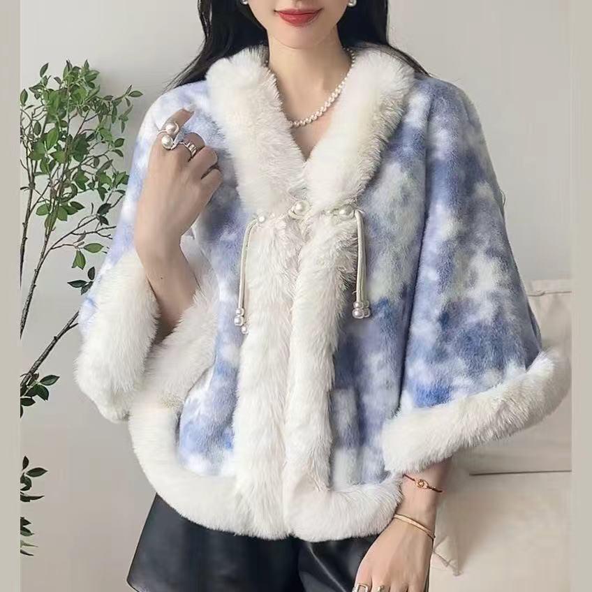 931# Женский универсальный плащ ципао: Шаль с воротником из искусственного меха выдры, на флисовой подкладке, утолщенная для тепла