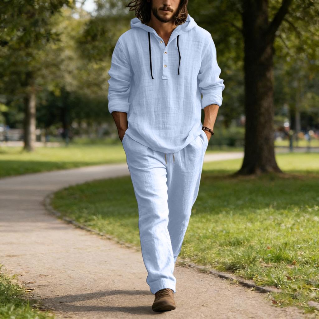 Мужской повседневный льняной комплект, Рубашка на пуговицах, Брюки с эластичным поясом и кулиской, Свободные, Удобный комплект из двух предметов